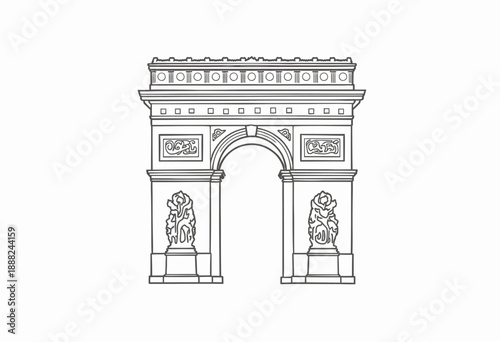 Intricate Line Drawing Capturing Classical Architectural Structure with Decorative Sculptures and Intricately Designed Features in Symmetrical Harmony