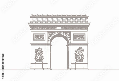 Detailed architectural illustration of a grand, historic triumphal arch featuring classical sculptures and ornate carvings, highlighting its majestic design and symmetry