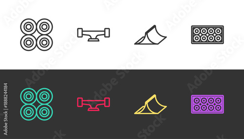 Set line Skateboard wheel, , park and on black and white. Vector