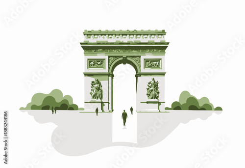 Majestic Stone Arch Monument with Decorative Sculptures Surrounded by Greenery and Visitors on a Clear Day