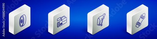 Set Isometric line Skateboard ball bearing, Cinema camera, helmet and icon. Vector