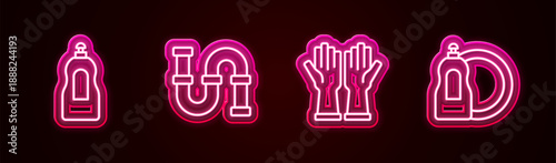 Set line Dishwashing liquid bottle, Industry metallic pipe, Rubber gloves and . Glowing neon icon. Vector