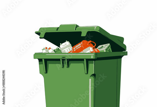 Overflowing green recycling bin filled with various plastic containers, illustrating the importance of proper waste management and sustainable practices
