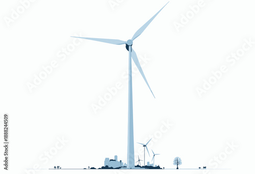 Large Wind Turbine Against Minimalist Cityscape Silhouette with Smaller Turbines and Distant Mountainous Horizon on a Clear Blue Day