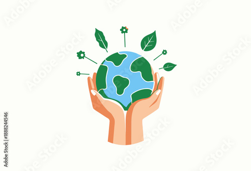 Illustration of Hands Holding Earth Surrounded by Leaves and Flowers Symbolizing Care and Protection of the Environment and Sustainable Living