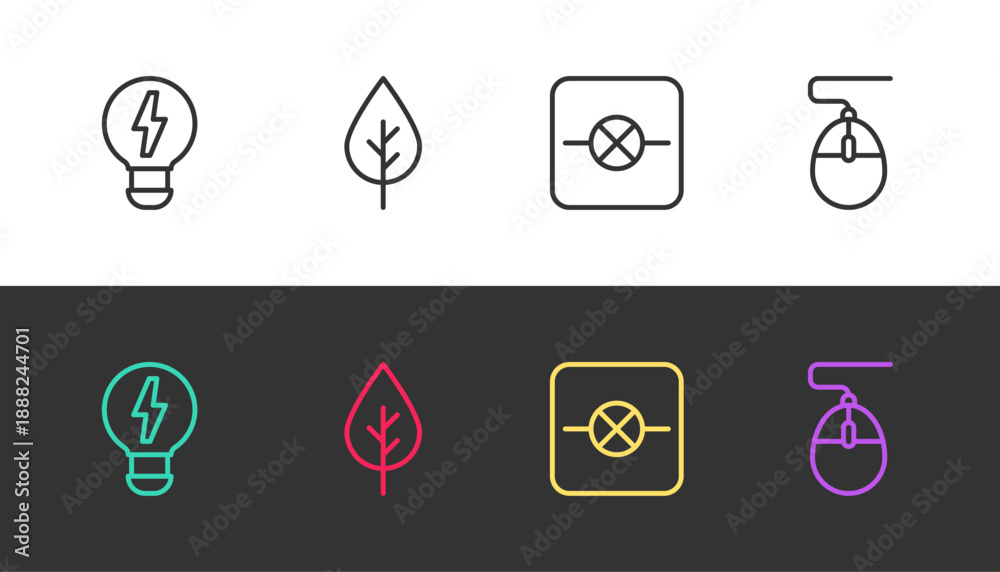 Naklejka premium Set line Creative lamp light idea, Leaf Eco symbol, Lamp in electronic circuit and Computer mouse on black and white. Vector