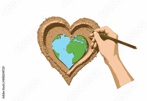 Illustration of a Hand Drawing the Earth Inside a Heart-Shaped Sand Frame Symbolizing Love and Care for the Environment and Global Unity