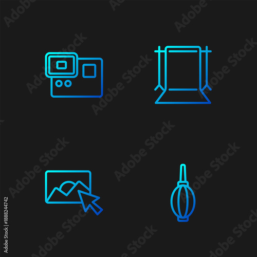 Set line Dust blower, Photo retouching, Action extreme camera and Empty photo studio. Gradient color icons. Vector