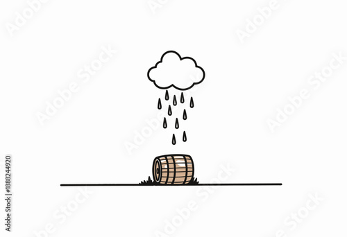 Simple illustration of a single wooden barrel collecting rainwater from a cloudy sky, highlighting conservation and nature's sustainable water cycle