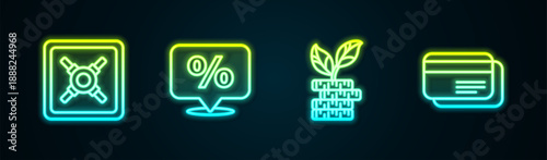Set line Safe, Discount percent tag, Dollar plant and Credit card. Glowing neon icon. Vector