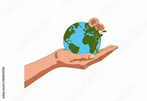 Illustration of a Hand Holding the Earth with Blooming Flowers Symbolizing Care for the Environment and Global Conservation