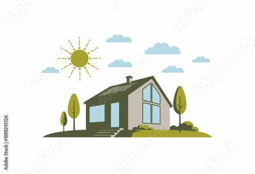 Illustration of a modern eco-friendly house with solar panels under a sunny sky, surrounded by trees and featuring large glass windows and a clean minimalist design
