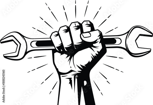 Fist holding wrench vector illustration, black and white silhouette symbol of labor power, mechanics, and protest