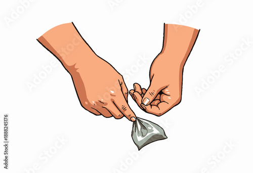 Illustration of Hands Handling a Small Transparent Bag with Green Substance, Depicting Caution and Precision in the Acts of Holding and Opening