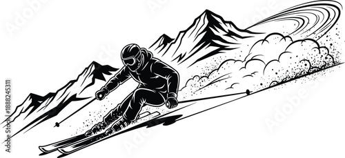 Downhill skier vector illustration, black and white design with snow spray and mountain backdrop in dynamic motion