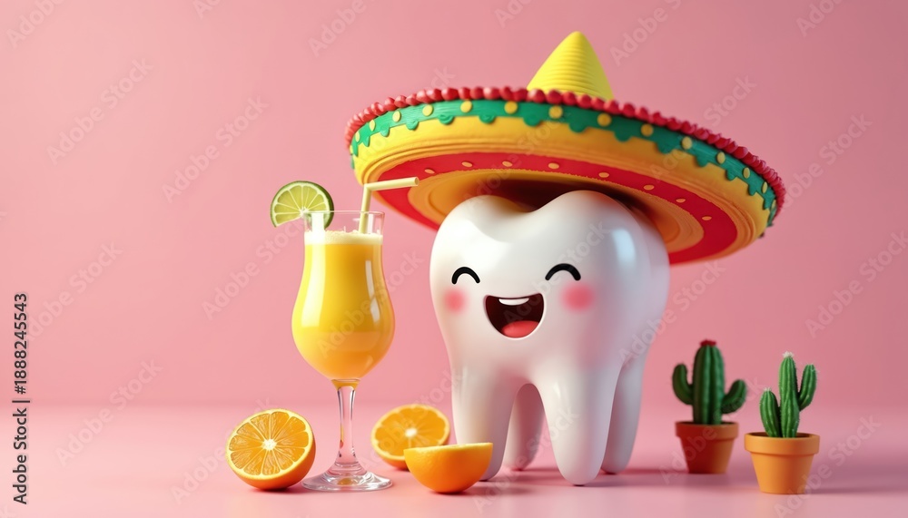 Fototapeta premium Happy tooth character wearing sombrero drinks orange juice with lime slice. Cute molar with rosy cheeks and smiling face, small potted cacti nearby. Festive fun theme for dental care.