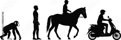 Evolution of transportation silhouettes, showing ape, walking human, man on horse, and scooter rider, representing progress and development history, vector illustration.