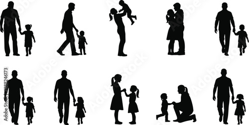 Parent and child silhouette vector set, black and white illustrations of family bonding, caregiving, and nurturing moments