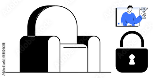 Padlock symbolizes privacy, digital screen with award represents achievements in secure environments. Ideal for cybersecurity, privacy protection, online authentication, tech design, office concepts
