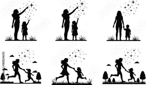 Mother and child silhouette vector set, black and white illustrations with stars, nature, and emotional bonding scenes