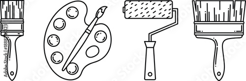 Painting tool vector set, black and white illustrations of brushes, roller, and artist palette for art and DIY