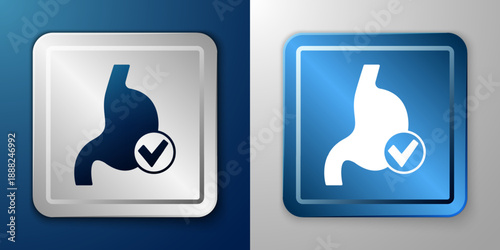 White Human stomach health icon isolated on blue and grey background. Silver and blue square button. Vector