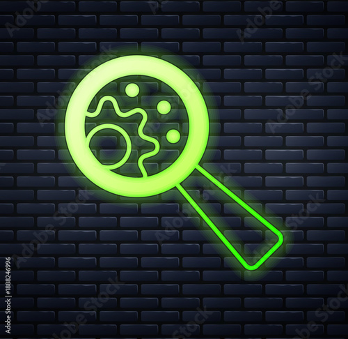 Glowing neon GMO icon isolated on brick wall background. Genetically modified organism acronym. Dna food modification. Vector