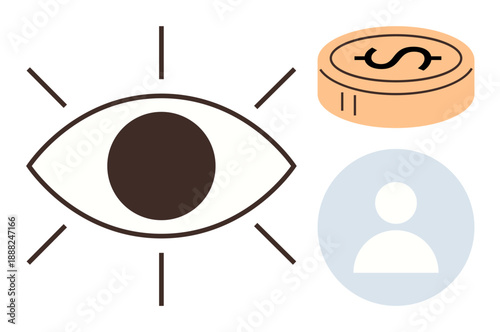 Vision, financial management, user identification, branding, analytics, personal data. Eye symbol, dollar coin and user profile graphic. Vision and financial management