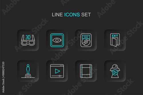 Set line Science fiction, Play video, Online play, Movie trophy, Fire exit, CD disk award frame, Rating movie and 3D cinema glasses icon. Vector