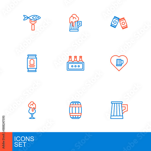 Set line Wooden beer mug, barrel, Glass of, Heart with glass, Beer can, Pack bottles, and icon. Vector