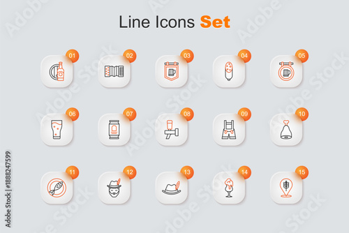 Set line Wheat, Glass of beer, Oktoberfest hat, man, Dried fish, Chicken leg, Lederhosen and Beer tap icon. Vector