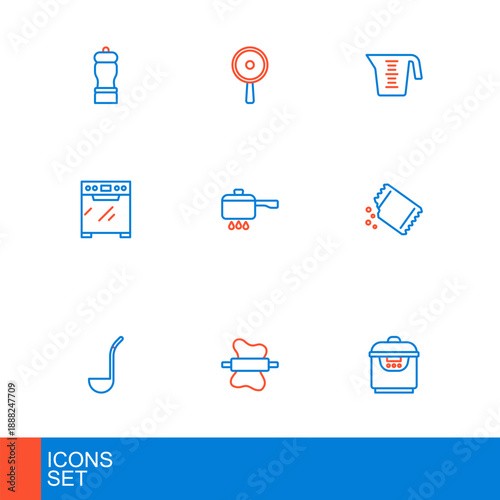 Set line Slow cooker, Rolling pin on dough, Kitchen ladle, Packet of pepper, Oven, Cooking pot fire, Measuring cup and Frying pan icon. Vector