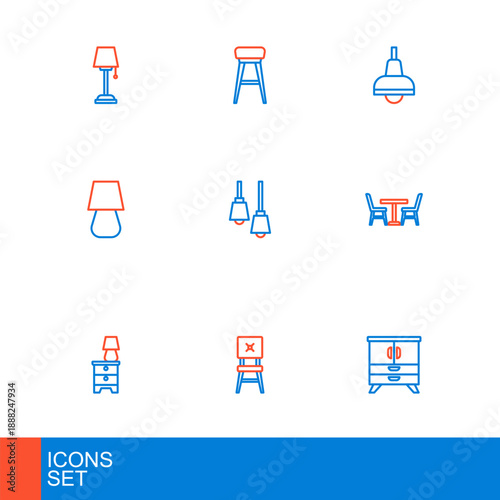 Set line Chest of drawers, Chair, Furniture nightstand with lamp, Table chair, Library bookshelf, Lamp hanging and icon. Vector