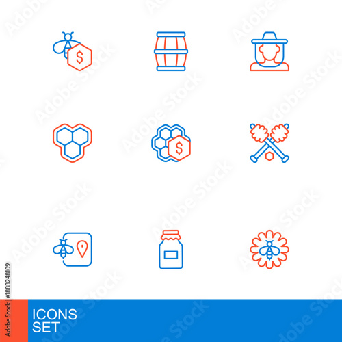 Set line Bee on flower, Jar of honey, location, Honey dipper stick, Honeycomb, Sale honeycomb, Beekeeper with protect hat and Wooden barrel icon. Vector