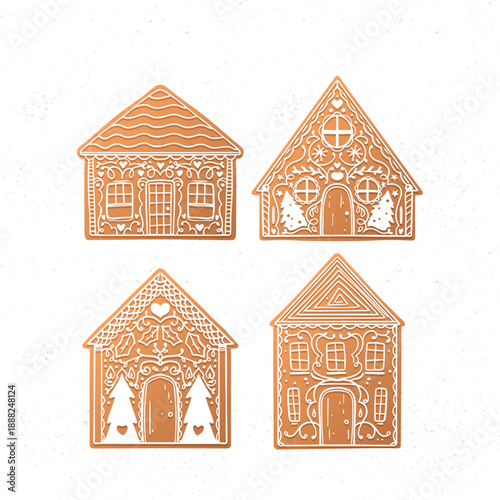 Vector illustration of gingerbread houses with festive details, creating a cozy and magical holiday atmosphere.