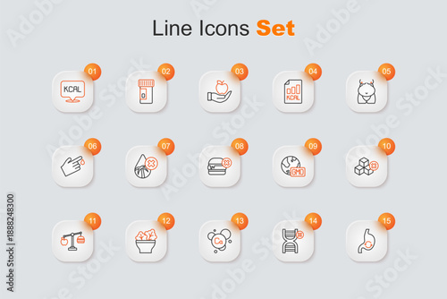 Set line Human stomach health, No GMO, Calcium, Salad in bowl, Calorie calculator, sugar free, and burger icon. Vector