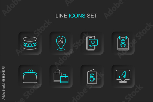 Set line Woman shoe, Greeting card with 8 March, Paper shopping bag, Handbag, Calendar, Mobile heart, and Gift box icon. Vector