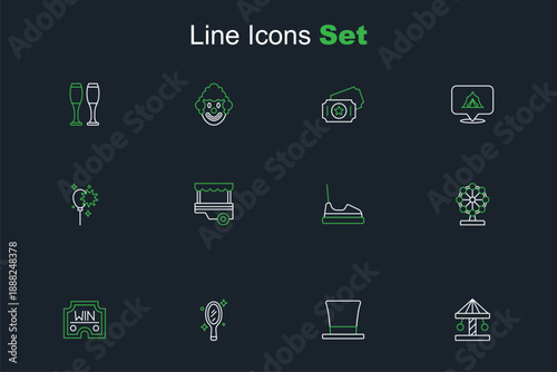 Set line Attraction carousel, Cylinder hat, Magic hand mirror, Casino win, Ferris wheel, Bumper, Fast street food cart and Balloons with ribbon icon. Vector