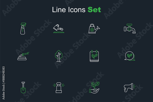 Set line Garden hose, Leaf in hand, Automatic irrigation sprinklers, Shovel, Calendar with autumn leaves, Tree and icon. Vector