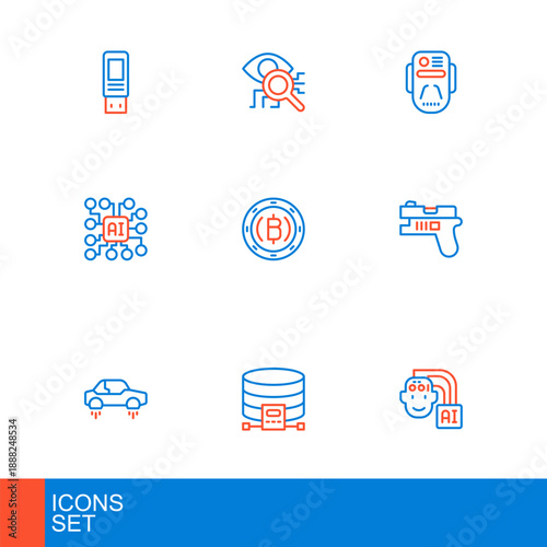 Set line Humanoid robot, Cloud database, Fantastic flying car, Futuristic weapon, Neural network, Cryptocurrency coin Bitcoin, Artificial intelligence and Eye scan icon. Vector