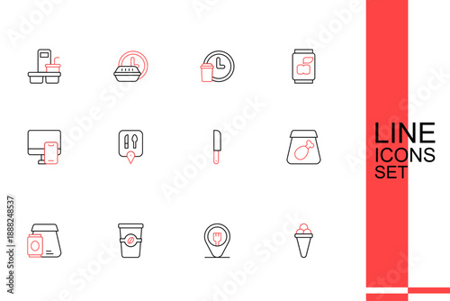 Set line Ice cream in waffle, Cafe and restaurant location, Coffee cup to go, Online ordering food, meal, Knife, and icon. Vector