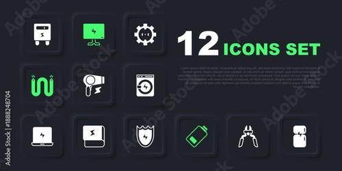 Set Pliers tool, Refrigerator, Hair dryer, Battery charge, Electric cable, Book about electricity, Smart Tv and Lightning and shield icon. Vector