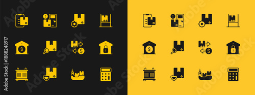 Set Warehouse interior with boxes, Delivery security shield, Tax cardboard, Cargo ship delivery, Search package, Gear, Document tracking marker and Home services icon. Vector