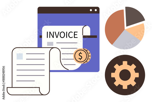 Billing, accounting, financial planning, data analysis, business processes, cost management. Invoice and currency icons, pie chart and gear image. Billing and accounting concept