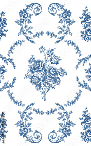 Seamless pattern inspired by classic French toile de Jouy tiles, featuring elegant vintage motifs and decorative ornamental design.