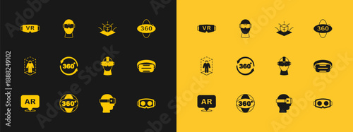 Set 360 degree view, Virtual reality glasses, 3d modeling, and icon. Vector