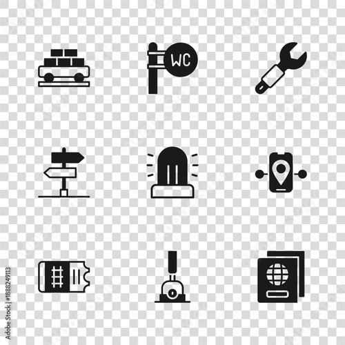 Set Arrow for switching the railway, Route location, Passport, Flasher siren, Wrench spanner, Cargo train wagon, Toilet and Road traffic sign icon. Vector