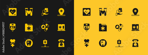 Set Location hospital, Tooth with caries, Medicine pill or tablet, Medical health record folder, Blood donation, Heart rate and Test tube blood icon. Vector