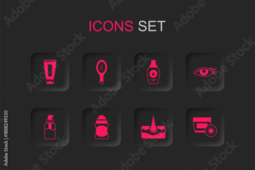 Set Deodorant roll, Hand mirror, Cream lotion cosmetic tube, Human hair follicle, Woman eye, Sunscreen cream in, Bottle of shampoo and liquid soap icon. Vector