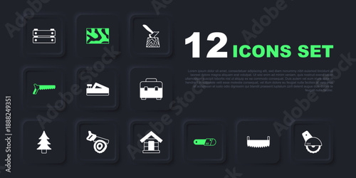 Set Two-handed saw, Electric circular, Wood plane tool, Chainsaw, Hand, log, Wooden beam and Dog house icon. Vector